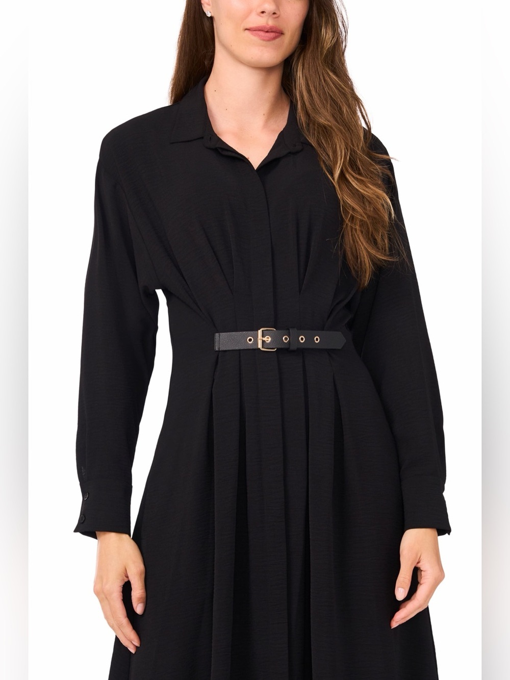 Halogen Pleated Belted Midi Shirt Dress Black Long Sleeve Size M NWOT - Picture 3 of 6